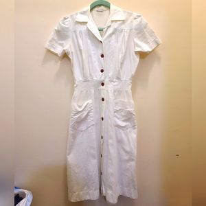 Vintage 40's White Cotton/ Red Button Dress S